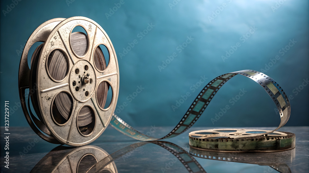 Obraz premium A vintage film reel and a strip of film reflecting on a sleek, gradient blue background, symbolizing the cinema industry