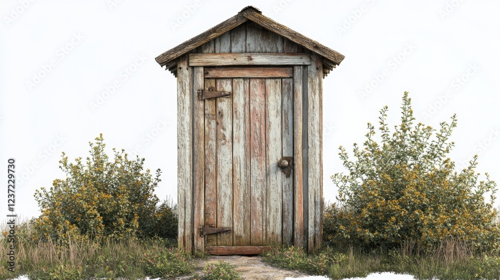 Rustic wooden outhouse surrounded by bushes on a clear day Rustic wooden outhouse surrounded by bushes on a clear day