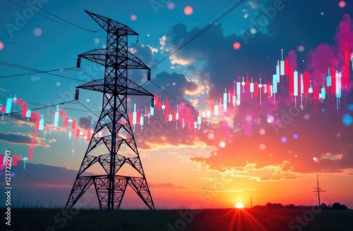 Double exposure-electric pole, and colorful sky stock chart as background. With the concept of volatility of stocks and energy businesses in the global market