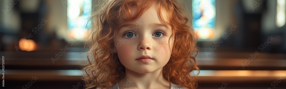 Naklejka premium A young girl with bright blue eyes sits in a church pew, her soft expression filled with contemplation. Warm, natural light enhances the nostalgic and peaceful mood.
