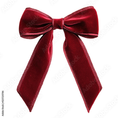 Red velvet bow with elegant texture and ribbon tails on transparent background isolated png