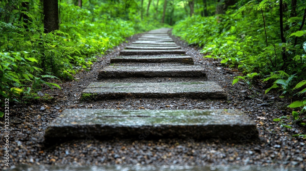 Stone steps in a lush forest path. Background greenery, nature walk Stone steps in a lush forest path. Background greenery, nature walk