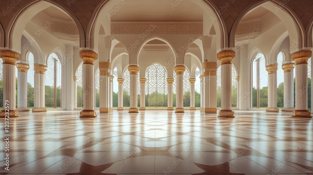 Majestic mosque interior with arched columns and geometric patterns Majestic mosque interior with arched columns and geometric patterns