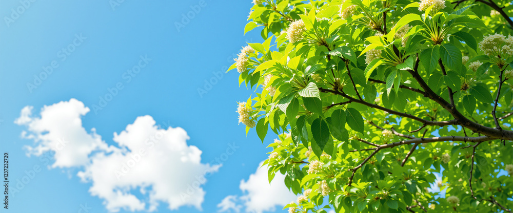 Budding Trees with Fresh Green Leaves Under Clear Blue Sky Budding Trees with Fresh Green Leaves Under Clear Blue Sky
