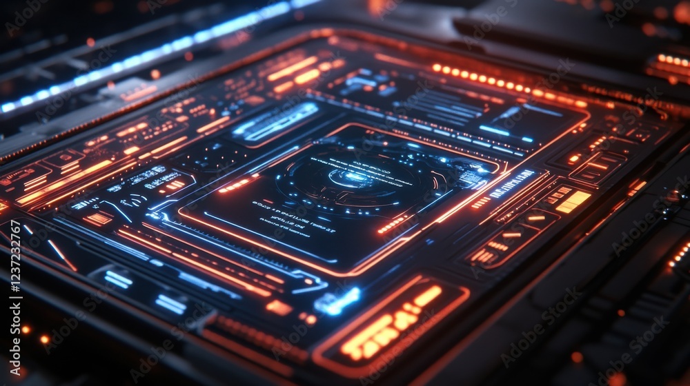 Futuristic digital interface with neon orange and blue elements on a circuit board
