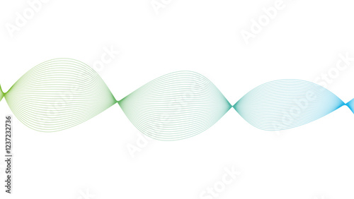 Vector curvy abstract line art wavy flowing dynamic green blue white background in concept music or sound, wave, wind, information flow	