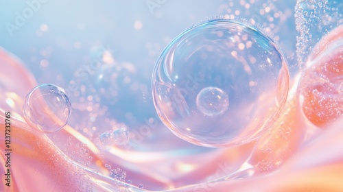 Ethereal soap bubbles floating in a dreamy pastel background with soft light effects