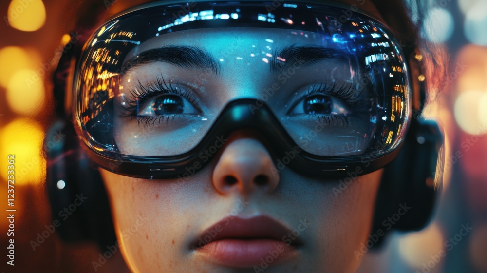 Young woman engaging in vr experience with futuristic headset and city reflections Young woman engaging in vr experience with futuristic headset and city reflections