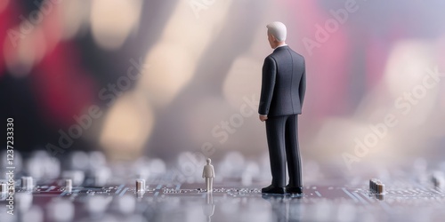 Business Figures on Circuit Board with Bokeh Background