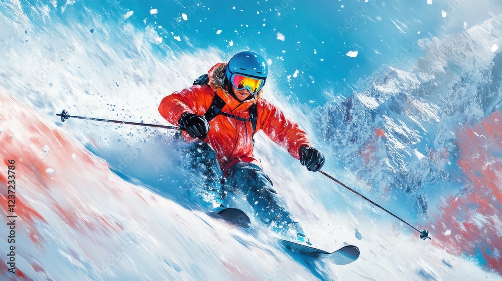 Male skier in red suit descending snowy mountain slope with speed Male skier in red suit descending snowy mountain slope with speed