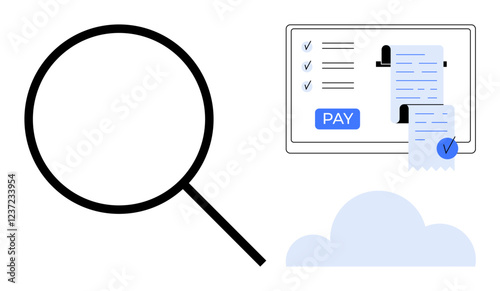 Magnifying glass, touchscreen with pay button, checklist, and receipts emerging from device. Ideal for fintech, online transactions, digital payment, financial security, online receipts auditing