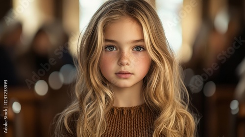 A young girl with bright blue eyes sits in a church pew, her soft expression filled with contemplation. Warm, natural light enhances the nostalgic and peaceful mood.