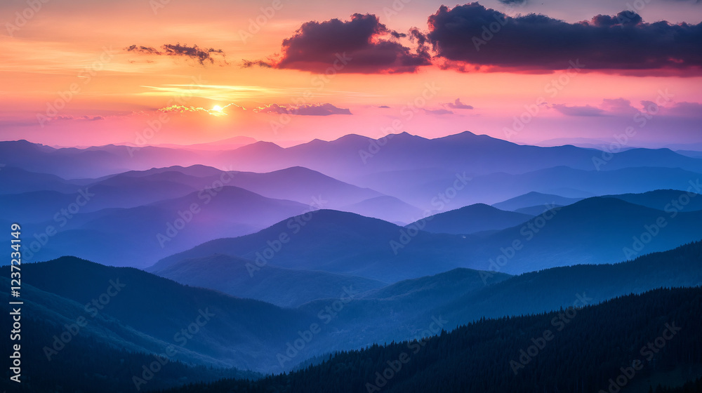 Obraz premium A breathtaking sunset paints the sky in pink and orange hues above rolling blue mountain ranges, creating a peaceful scene