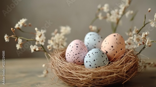 Colorful speckled eggs in straw nest with blossoming branches on wooden table
