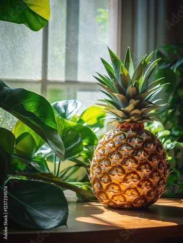 A pineapple with a green top sitting in sunlight indoors among tropical plants.