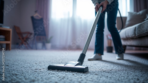 Wallpaper Mural woman cleaning with vacuum cleaner carpet in the living room at home Torontodigital.ca