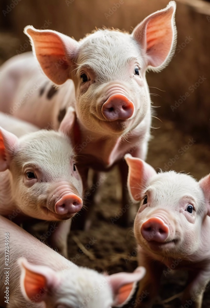 Adorable piglets stands together, their curious faces expressing playful energy under the warm sunlight. Playful nature in a sunny farmyard setting. Cute piglets gathered together. Generative AI Adorable piglets stands together, their curious faces expressing playful energy under the warm sunlight. Playful nature in a sunny farmyard setting. Cute piglets gathered together. Generative AI