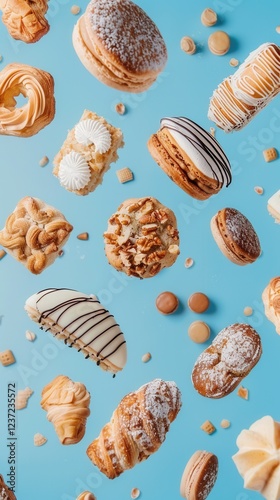 Wallpaper Mural Varied pastries artfully floating in a minimalistic setting with a blue background Torontodigital.ca