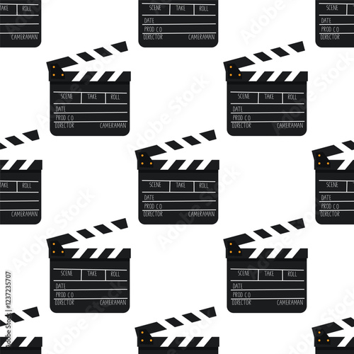 A cute seamless pattern with black movie clapper board. Fun cinema production print. Background, wallpaper, wrapping paper, fabric template.