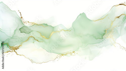 elegant sage green watercolour alcohol wash with golden swirls and speckles, luxurious background wallpaper, white and green background