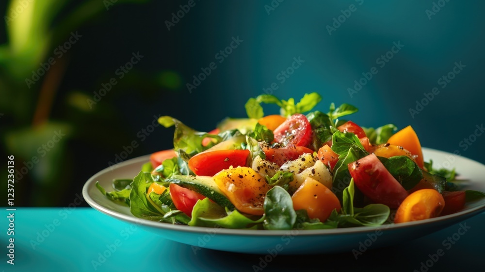 A plate of salad with a variety of vegetables including tomatoes, cucumbers, and lettuce. The salad is served on a blue table A plate of salad with a variety of vegetables including tomatoes, cucumbers, and lettuce. The salad is served on a blue table