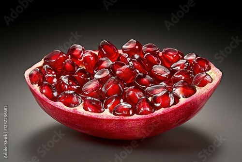 Vibrant pomegranate half showcasing juicy red seeds and healthy appeal. photo