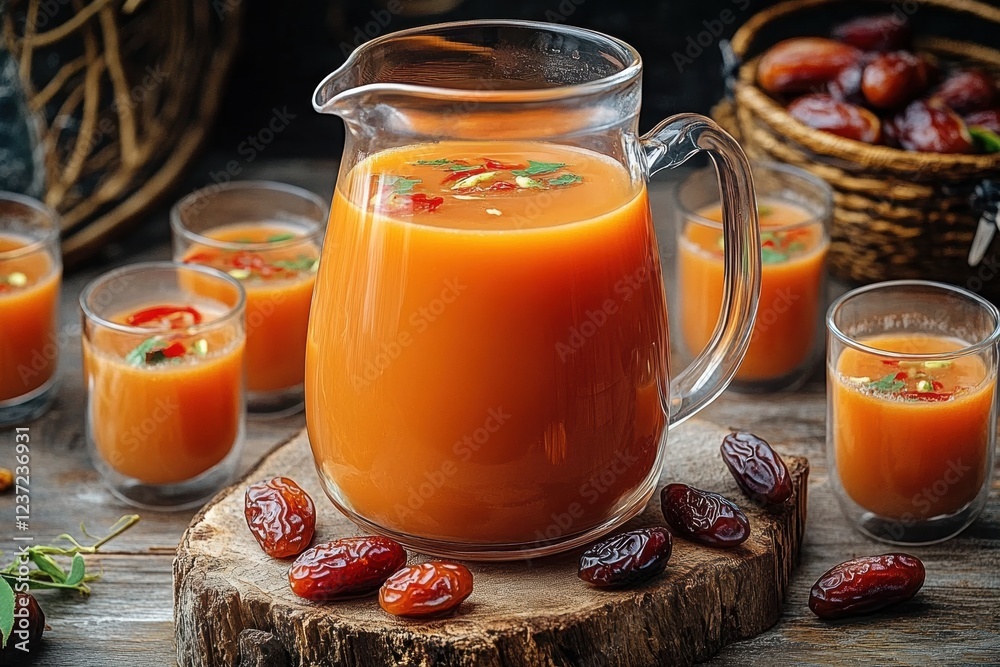 Colorful pitcher of fresh juice surrounded by dates and small glasses. Colorful pitcher of fresh juice surrounded by dates and small glasses.