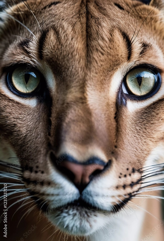 Glimpsing into the world of a puma, this close-up showcases intricate patterns in eyes and fur as it rests in its habitat. Intense gaze. Pumas are a genus of predators from cat family. Generative AI Glimpsing into the world of a puma, this close-up showcases intricate patterns in eyes and fur as it rests in its habitat. Intense gaze. Pumas are a genus of predators from cat family. Generative AI
