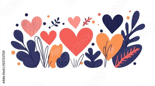 Happy valentine's day horizontal card with heart frame and pattern on white background, modern flat style for greetings, décor, packaging, and promo