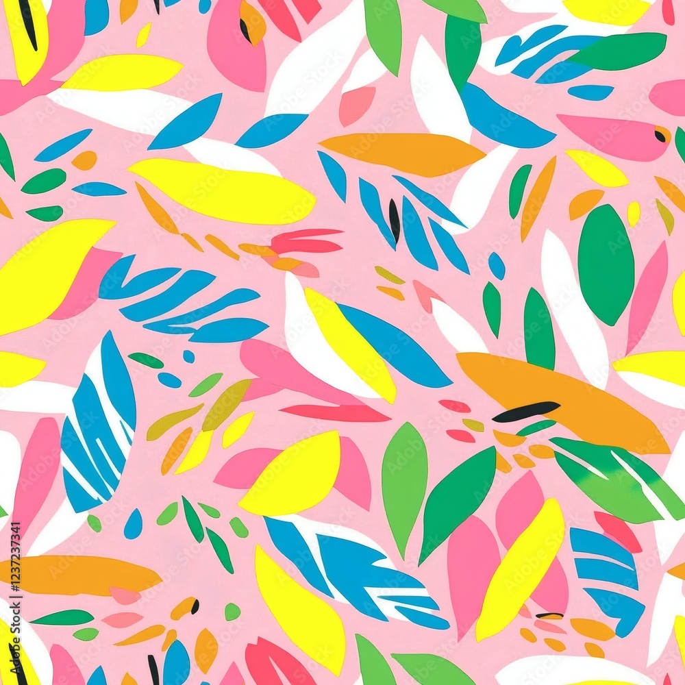 Fototapeta premium Colorful abstract floral pattern featuring vibrant leaves and shapes on a soft pink background in modern design style