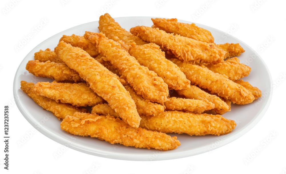 Crispy golden chicken strips on a white plate isolated on transparent background Crispy golden chicken strips on a white plate isolated on transparent background