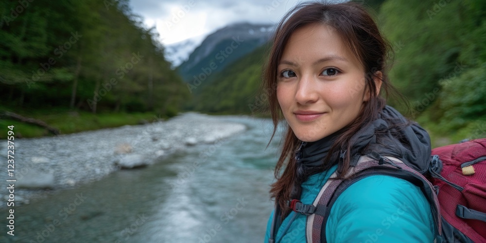 A female hiker with a backpack, standing on the edge of a clear mountain stream. She's dressed in outdoor gear and is smiling at the camera. A female hiker with a backpack, standing on the edge of a clear mountain stream. She's dressed in outdoor gear and is smiling at the camera.