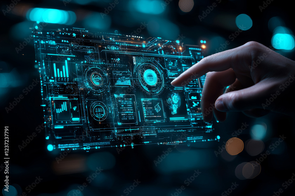 Fototapeta premium person interacting with futuristic digital interface displaying data analytics and graphs. glowing blue elements create high tech atmosphere, emphasizing innovation and technology