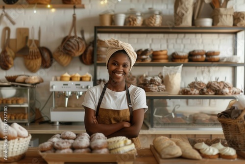 Diverse female baker at her bakery counter smiling while surrounded by freshly baked goods