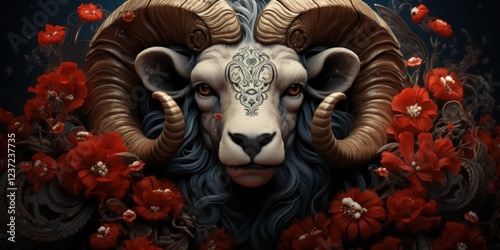 Ram portrait amidst red flowers, dark background, fantasy art, ideal for mystical themes.