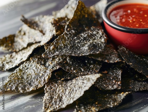 Several edamame crackers served with a red dipping sauce, likely a soy-based seasoning.