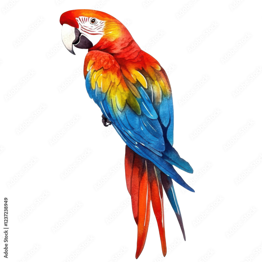 Obraz premium Colorful scarlet macaw parrot with vibrant feathers perched on branch isolated png