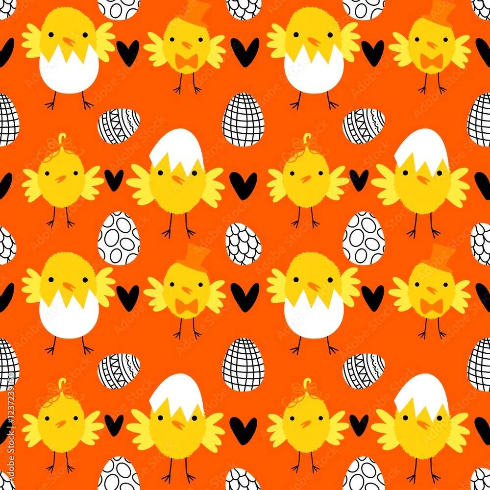 Obraz premium Easter chicken and eggs seamless birds pattern for wrapping paper and fabrics