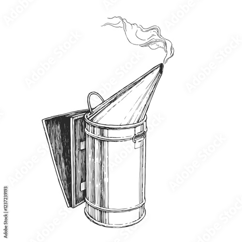 Vector hand-drawn illustration of bee smoker. Black and white sketch  of beekeeping tool. Beekeeper device.