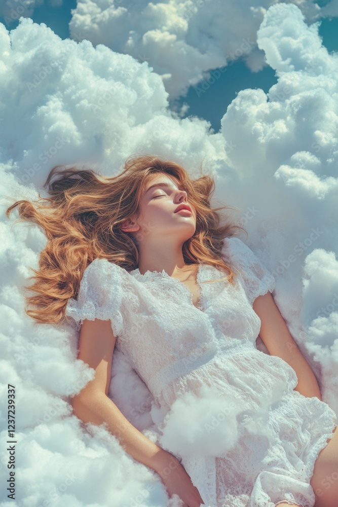 A beautiful, peaceful scene of a woman laying down in the midst of white, fluffy clouds.