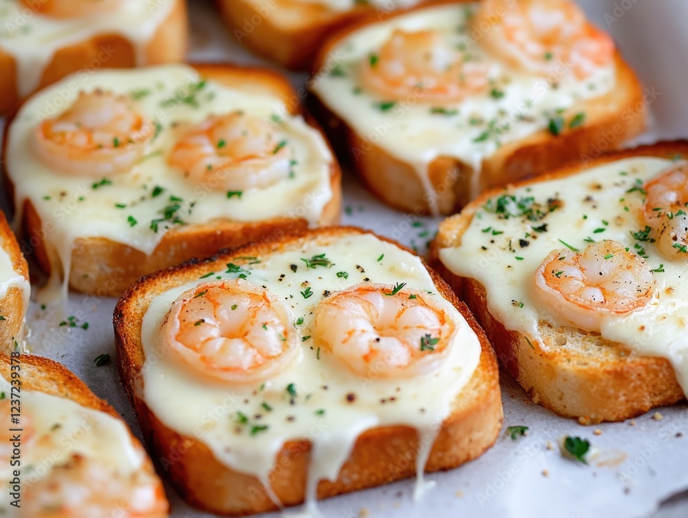A plate of delicious, savory cheese toast with succulent shrimp and a touch of parsley garnish. A delightful appetizer or quick lunch/dinner option. A plate of delicious, savory cheese toast with succulent shrimp and a touch of parsley garnish. A delightful appetizer or quick lunch/dinner option.