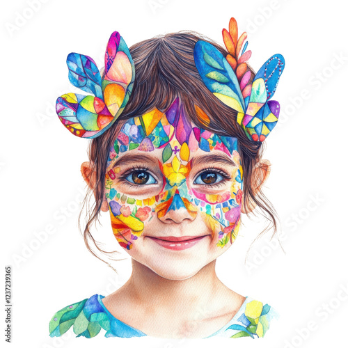Colorful face paint on caucasian female child with artistic butterfly design isolated png