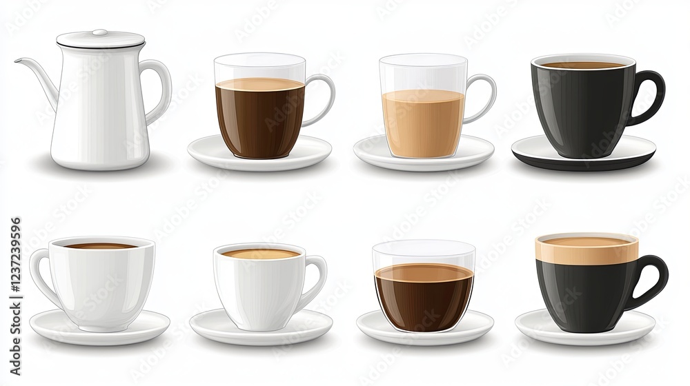 Varied coffee drinks displayed on saucers with a white teapot against a simple background Varied coffee drinks displayed on saucers with a white teapot against a simple background