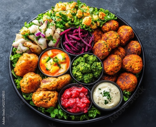 A vibrant vegetarian platter with assorted dips and snacks for gatherings.