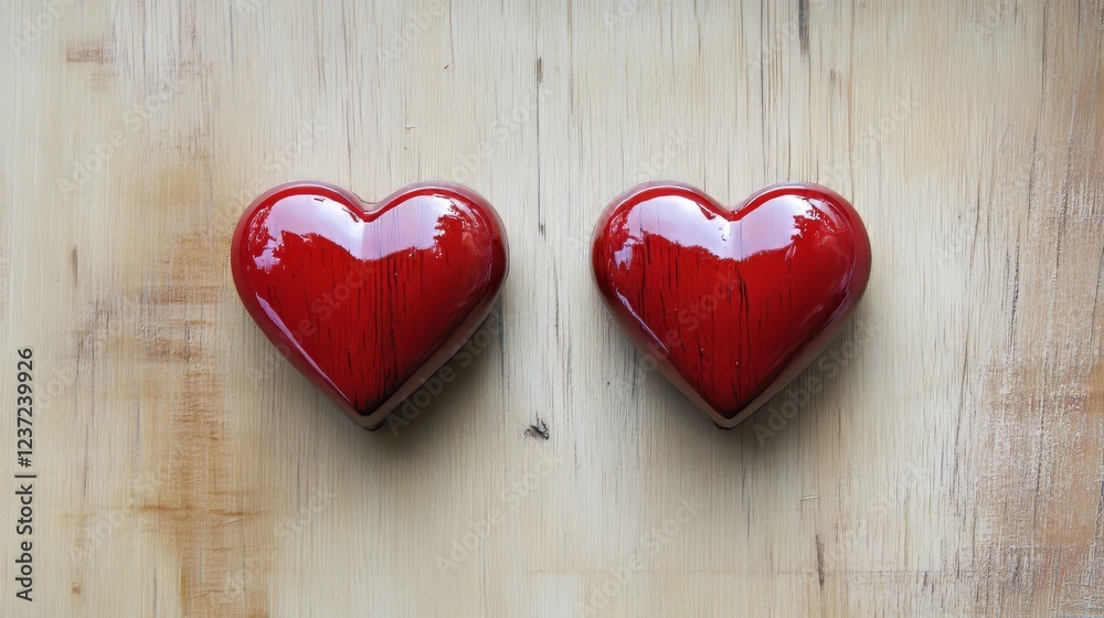 Two red hearts resting on a rustic wooden background Two red hearts resting on a rustic wooden background