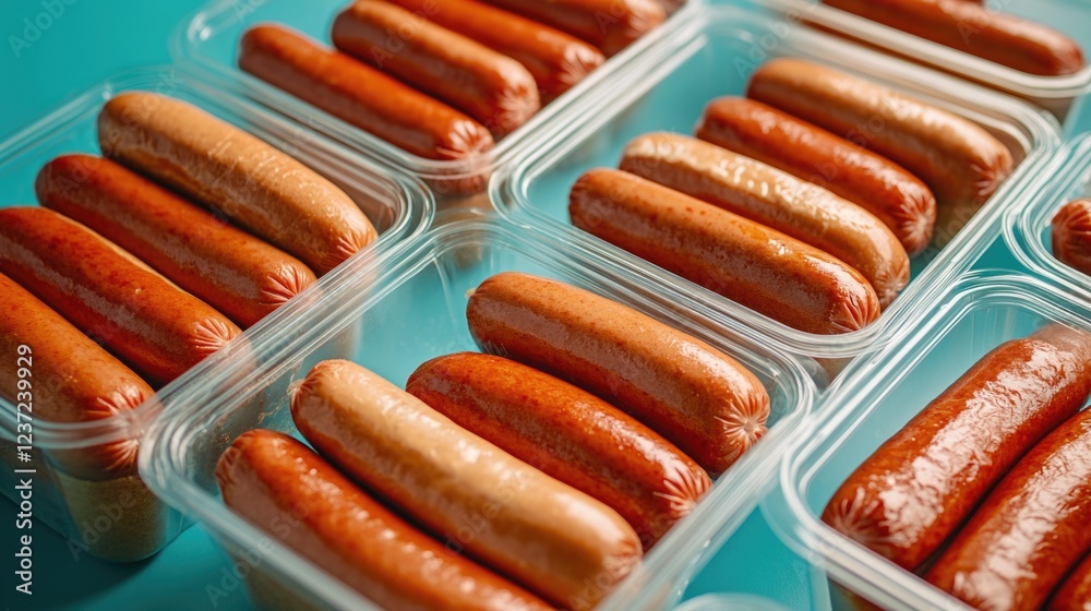 Four plastic trays of hot dogs ready for serving. Four plastic trays of hot dogs ready for serving.