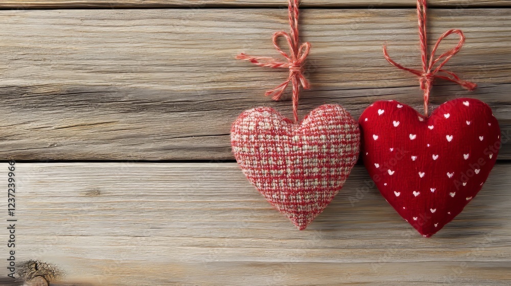 Two red hearts resting on a rustic wooden background Two red hearts resting on a rustic wooden background