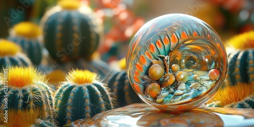 This is an artistic glass sculpture shaped like a cactus, set against a backdrop of actual desert plants.