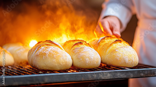 Freshly baked bread loaves placed on a grill with flames in the background during a sunset and culinary event photo