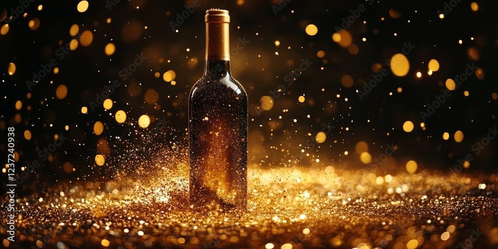 Fototapeta premium A sleek black wine bottle with gold foil floating in sparkling golden dust on a dark background. Ideal for luxury branding, celebration, and elegant marketing materials.